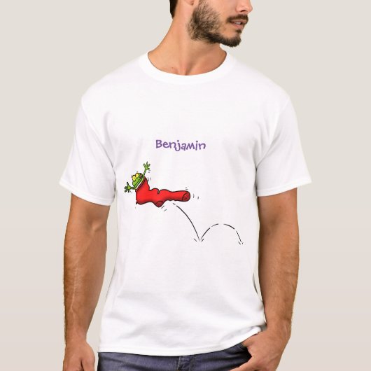 Cute frog in een rode sock springende cartoon t-shirt (Voorkant)