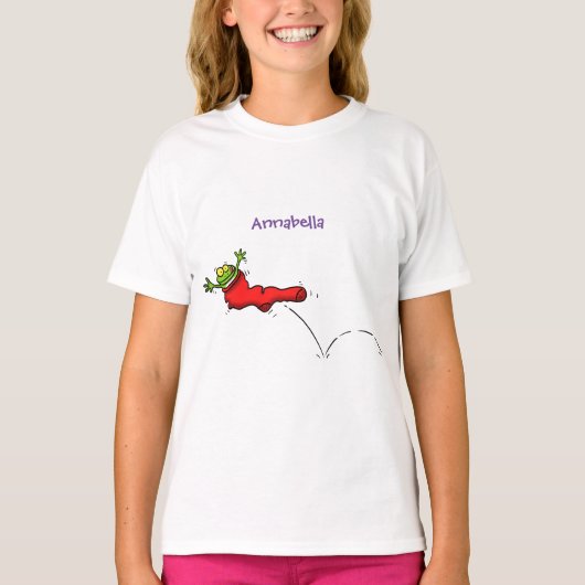 Cute frog in een rode sock springende cartoon t-shirt (Voorkant)