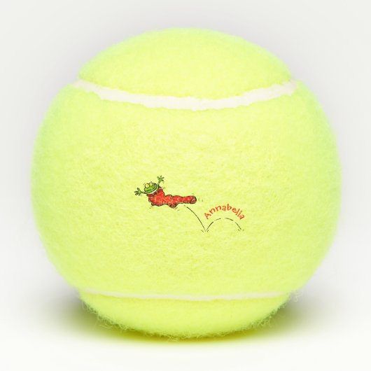 Cute frog in een rode sock springende cartoon tennisballen (Achterkant)