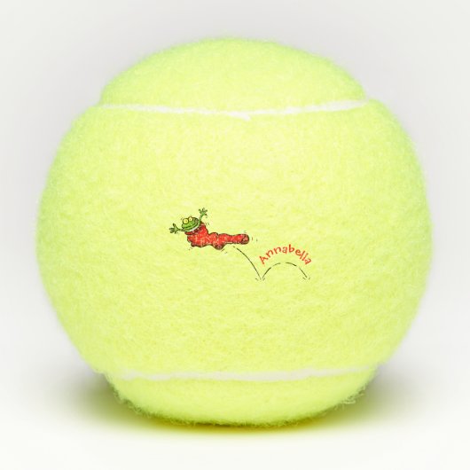 Cute frog in een rode sock springende cartoon tennisballen (Voorkant)