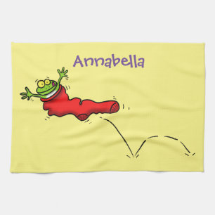 Cute frog in een rode sock springende cartoon theedoek