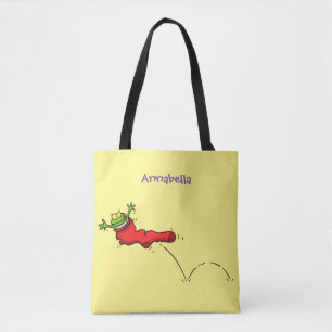 Cute frog in een rode sock springende cartoon tote bag