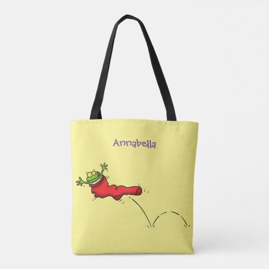Cute frog in een rode sock springende cartoon tote bag (Achterkant)