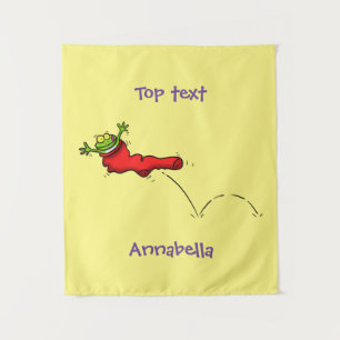 Cute frog in een rode sock springende cartoon wandkleed