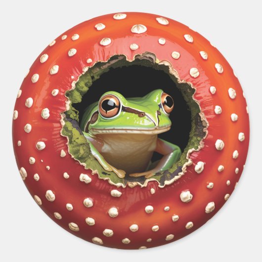 Cute Frog in Mushroom - Funny Woodland Frog Ronde Sticker (Voorkant)