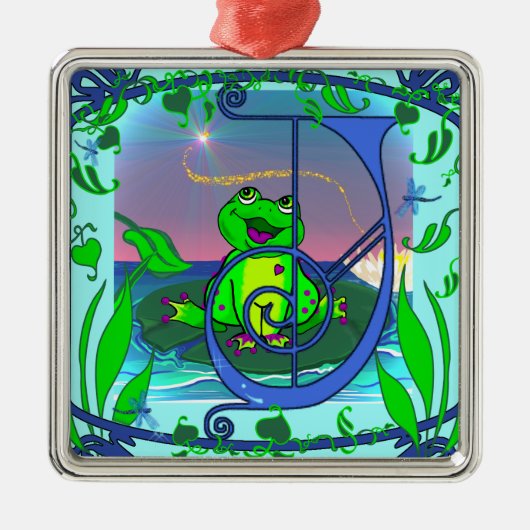 Cute Frog Initiaal J Premium Gift Label/Ornament Metalen Ornament (Voorkant)