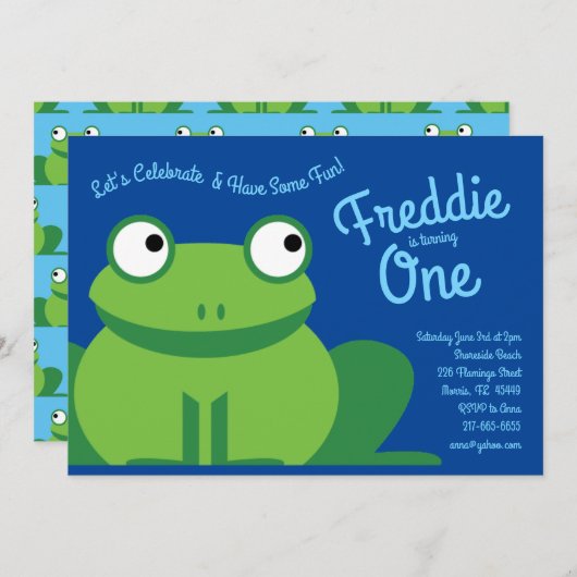 Cute Frog Kinder 1st Birthday Party Invitations Kaart (Voorkant / Achterkant)