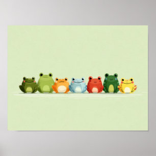 Cute Frog Lineup – Kleurrijke Kawaii Dierenkunst Poster