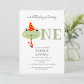 Cute Frog Party Hat Kids First 1st Birthday Party Kaart (Staand voorkant)
