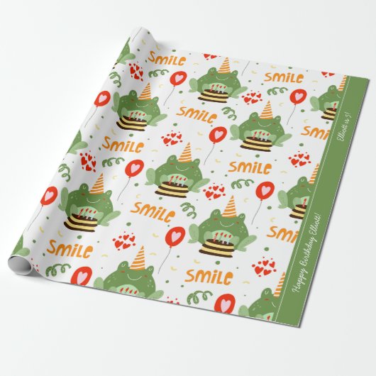 Cute Frog Pattern met Smile Text Happy Birthday Cadeaupapier (Uitgerold)