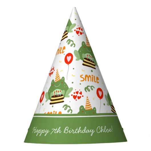 Cute Frog Pattern Smile Text Happy Birthday w Name Feesthoedjes (Voorkant)