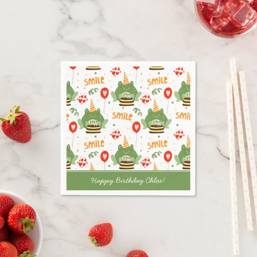 Cute Frog Pattern Smile Text Happy Birthday w Name Servet (Insitu)