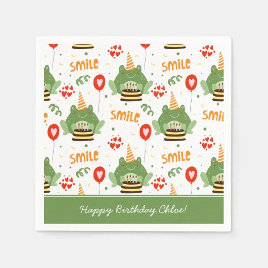 Cute Frog Pattern Smile Text Happy Birthday w Name Servet (Voorkant)
