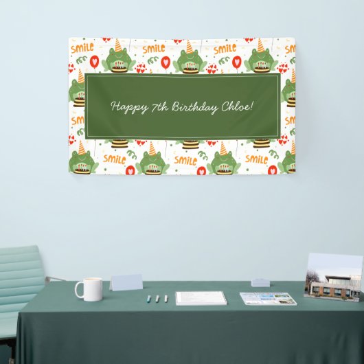 Cute Frog Pattern Smile Text Happy Birthday w Name Spandoek (Beurs)
