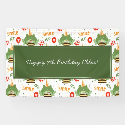 Cute Frog Pattern Smile Text Happy Birthday w Name Spandoek (Horizontaal)