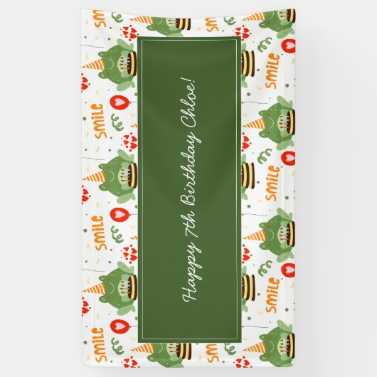 Cute Frog Pattern Smile Text Happy Birthday w Name Spandoek (Verticaal)