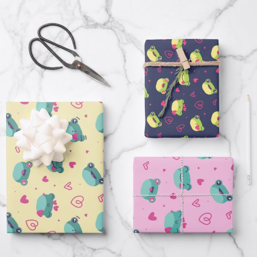 Cute Frog Pink Heart Love Pattern Valentijnsdag Inpakpapier Vel (Voorkant)