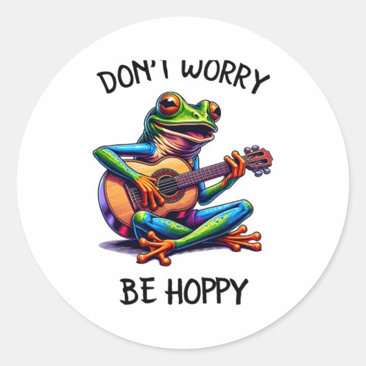 Cute Frog Playing A Guitar Dont Worry Be Hoppy _2  Ronde Sticker (Voorkant)