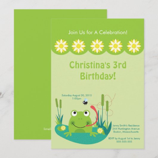 Cute Frog Pond Birthday Party Invitation Kaart (Voorkant / Achterkant)