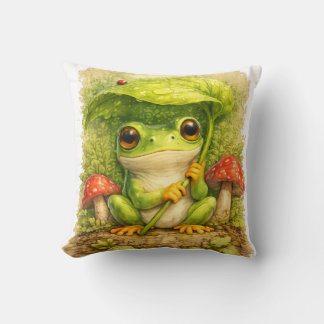 Cute Frog Under Leaf Umbrella Kawaii Woodland Rain Kussen