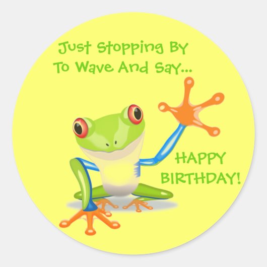 Cute Frog Wave Funny Animal Kinder Happy Birthday Ronde Sticker (Voorkant)