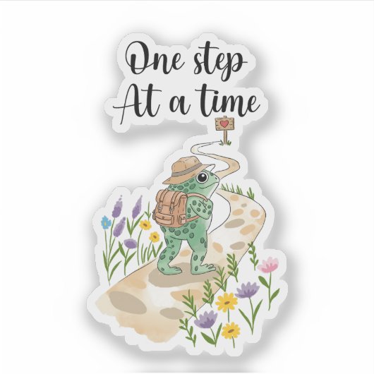 Cute Frog with Backpack One Step at a Time Sticker (Voorkant)