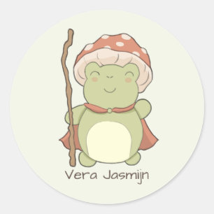 Cute frog with mushroom hat personalised name ronde sticker
