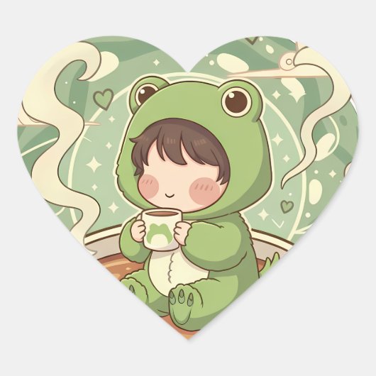 Cute Froggy Coffee Tale Design Hart Sticker (Voorkant)