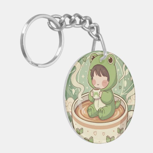 Cute Froggy Coffee Tale Design Sleutelhanger (Voorkant Links)