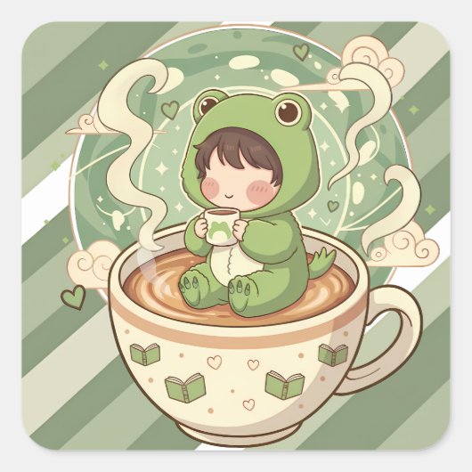 Cute Froggy Coffee Tale Design Vierkante Sticker (Voorkant)
