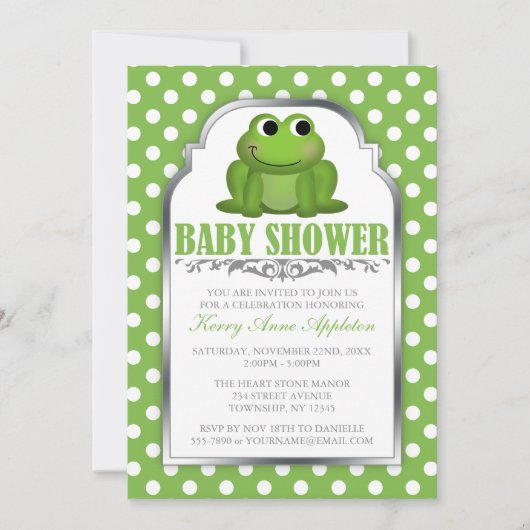Cute Froggy Green Polka Dot Baby shower Invitation Kaart (Voorkant)