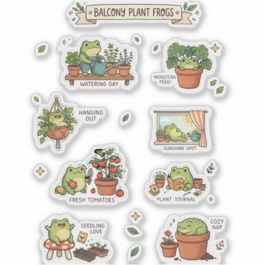 Cute Frogs Balcony Plants Sticker Sheet (Voorkant)