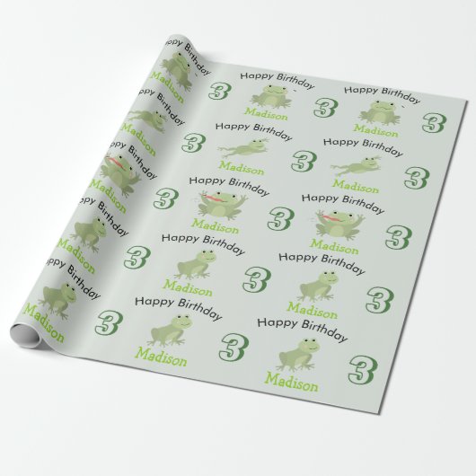 Cute Frogs in Lily Pond Birthday Kids Name Age Cadeaupapier (Uitgerold)