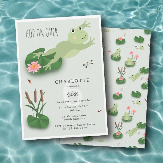 Cute Frogs in Lily Pond Hop On Over Kids Birthday Kaart