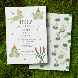 Cute Frogs in Lily Pond Hop On Over Kids Birthday Kaart