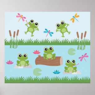 Cute Frogs in Pond Poster