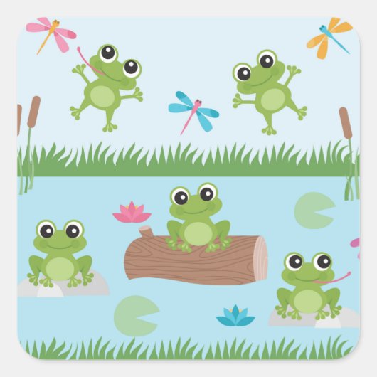 Cute Frogs in Pond Vierkante Sticker (Voorkant)