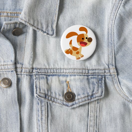 Cute Frolicking Cartoon Dog Button Badge (In situ)
