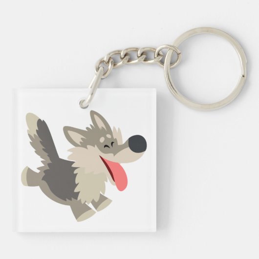 Cute Frolicsome Cartoon Wolf AcrylSleutelhanger Sleutelhanger (Achterkant)