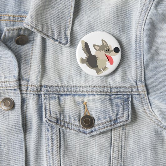 Cute Frolicsome Cartoon Wolf Button Badge (In situ)