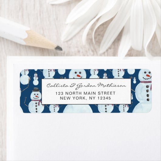 Cute Frosty Blue Snowman Waterverf Pattern Etiket (Insitu)