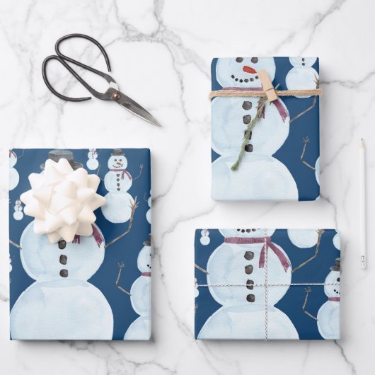 Cute Frosty Blue Snowman Waterverf Pattern Inpakpapier Vel (Voorkant)