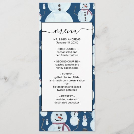 Cute Frosty Blue Snowman Waterverf Pattern Menu (Voorkant)
