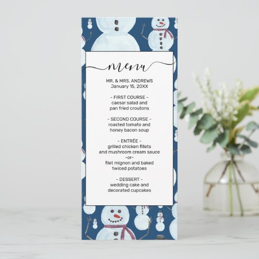 Cute Frosty Blue Snowman Waterverf Pattern Menu (Staand voorkant)