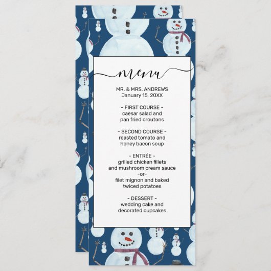 Cute Frosty Blue Snowman Waterverf Pattern Menu (Voorkant / Achterkant)