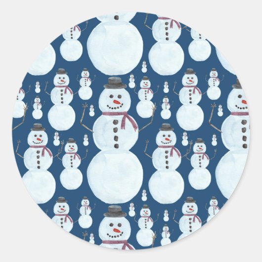 Cute Frosty Blue Snowman Waterverf Pattern Ronde Sticker (Voorkant)