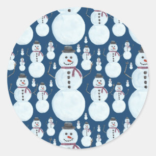 Cute Frosty Blue Snowman Waterverf Pattern Ronde Sticker
