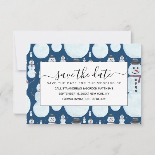 Cute Frosty Blue Snowman Waterverf Pattern Save The Date (Voorkant)