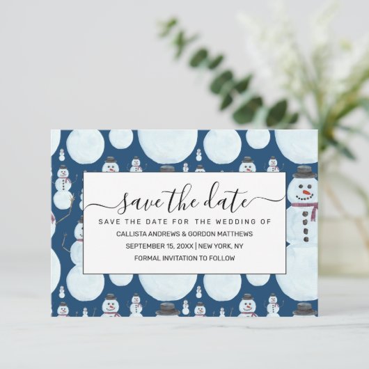 Cute Frosty Blue Snowman Waterverf Pattern Save The Date (Staand voorkant)