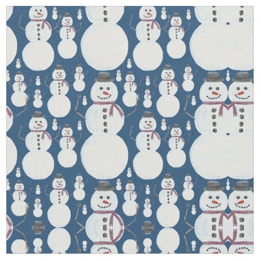 Cute Frosty Blue Snowman Waterverf Pattern Stof (Close Up)